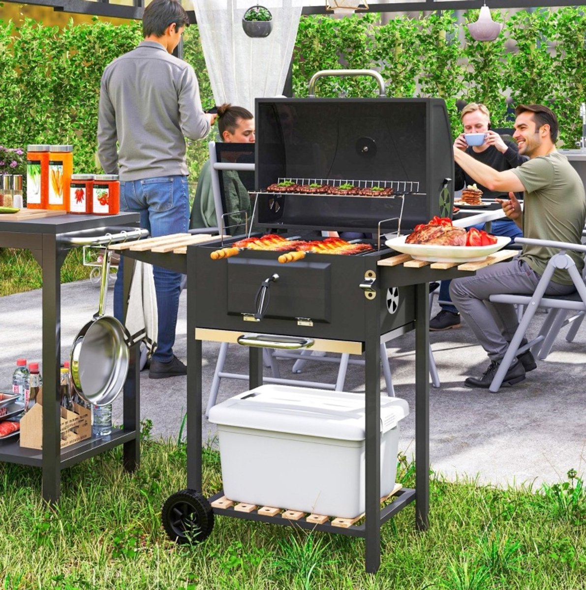REDOM - Houtskoolgrillwagen - Met deksel en thermometer - Verrijdbaar - Verstelbare koolbak - Met zijtafels en onderplank - Roestvrij staal en hout - Zwart - 112 x 58 x 107 cm