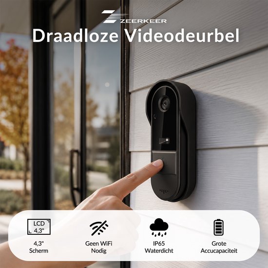 Draadloze Video Deurbel met Camera en 4,3" IPS Scherm - IP65 Waterdicht - 135° Groothoek - LED Nachtzicht - Tweeweg Audio - Zonder Abonnement & WiFi - Tot 3 Maanden Accuduur — afbeelding 3