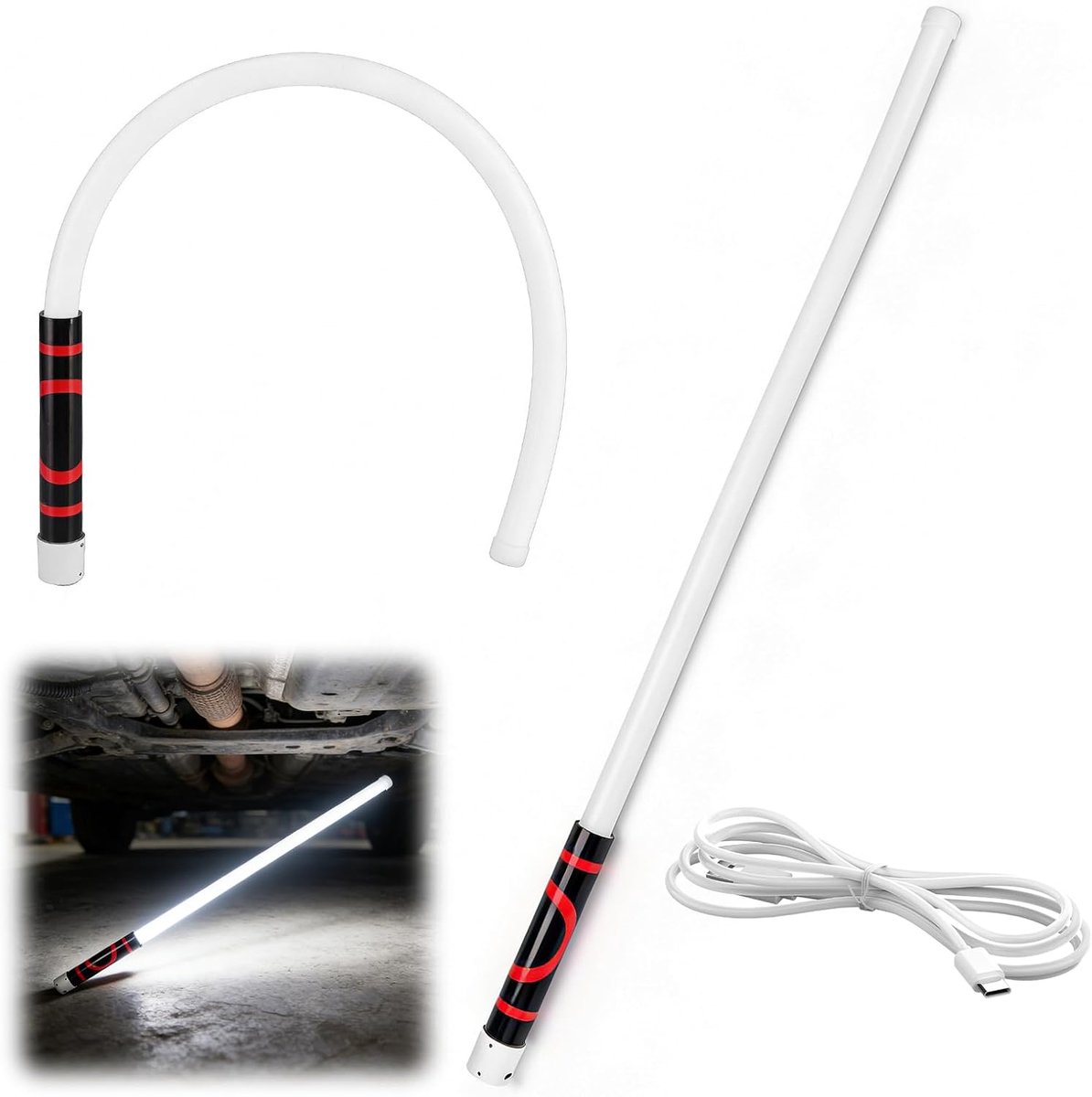 Flexibele LED-zaklamp, 76,2 cm (30 inch), oplaadbaar en flexibel. LED-werklamp met hoge lichtopbrengst en 3 helderheidsstanden, geschikt voor autoreparaties.