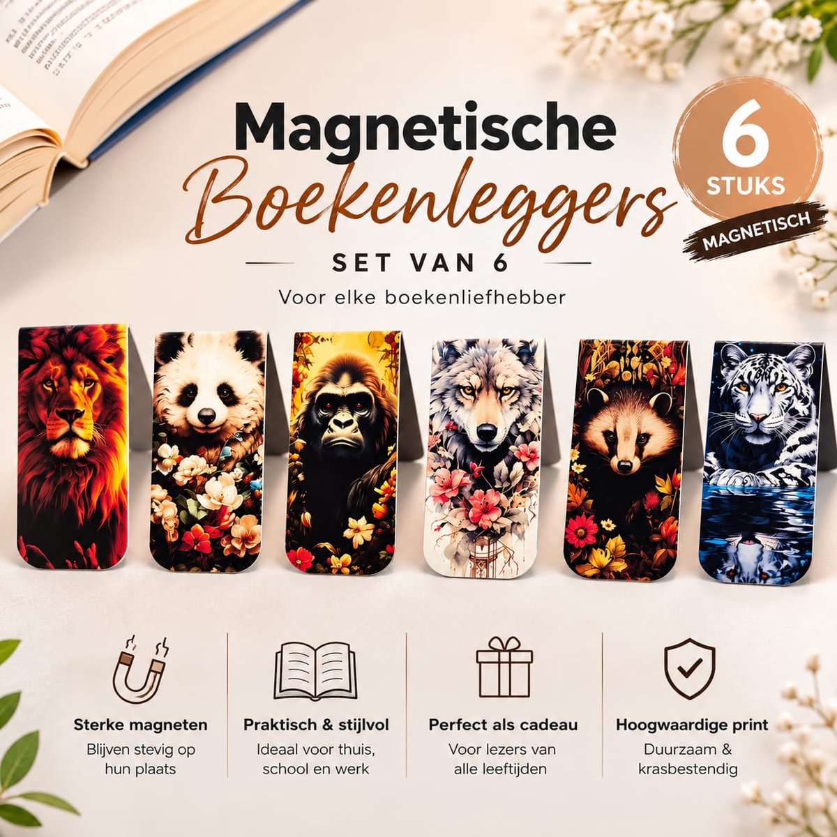 Magnetische Boekenleggers 6 Stuks – Dieren Bladwijzers – Sterke Magneet – Boekenlegger Set –Sterke Magneet – Bladwijzers – Leeuw, Panda, Wolf & Tijger