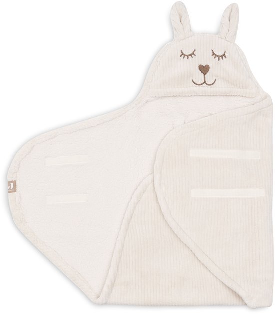 Baby wikkeldeken in wafelkatoen met geborduurde konijnengezicht op capuchon en klittenbandsluitingen.