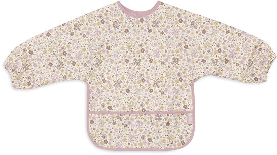 Een langarmig slab met een bloemenprint in pastelkleuren. De rand en boorden zijn roze.