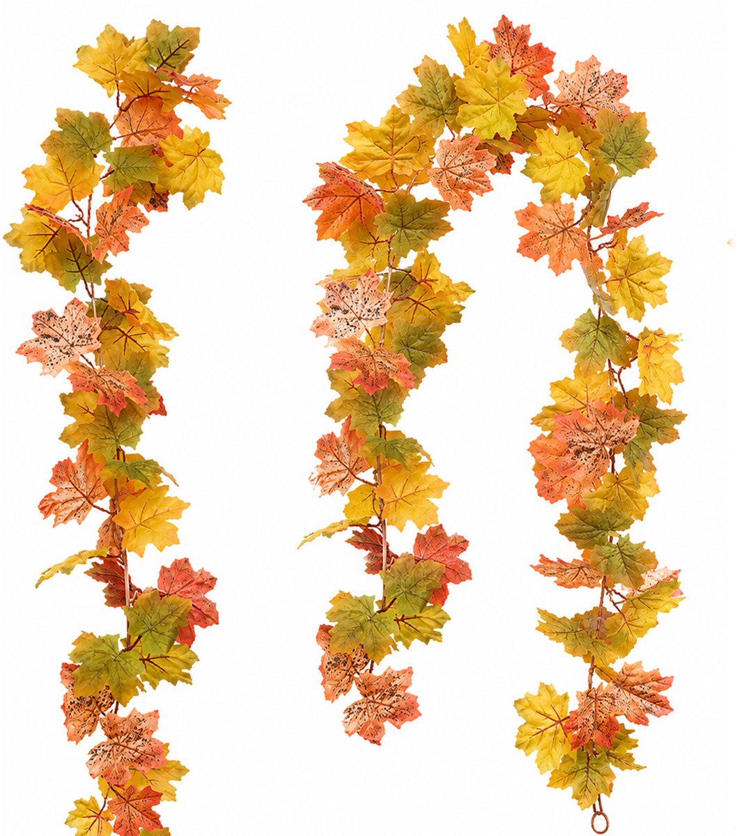 Herfstkrans - 2 Stuks Kunstmatige Esdoorn‑bladeren Krans - 350cm Herfstdecoratie - voor Binnen en Buiten - Halloween en Thanksgiving Versiering - Realistische Herfstbladeren - Kunststof - eenvoudig op te Bergen