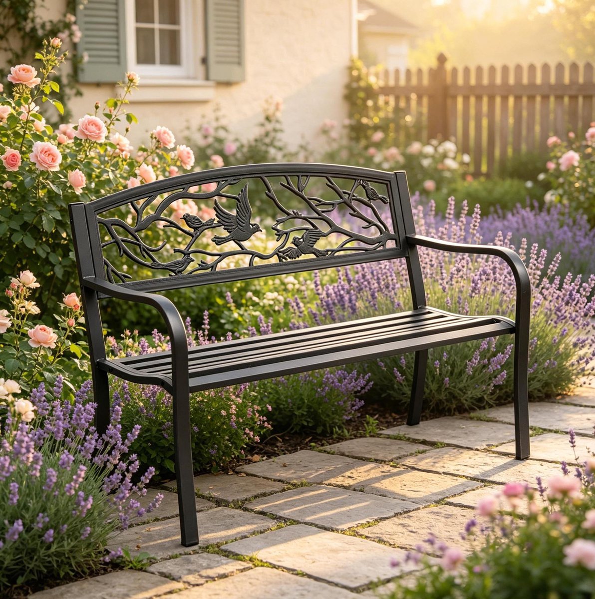 OKWISH Tuinbank 2-Zits – Met Armleuningen En Decoratieve Rugleuning – Voor Tuin En Terras – Gietijzer En Metaal – Zwart