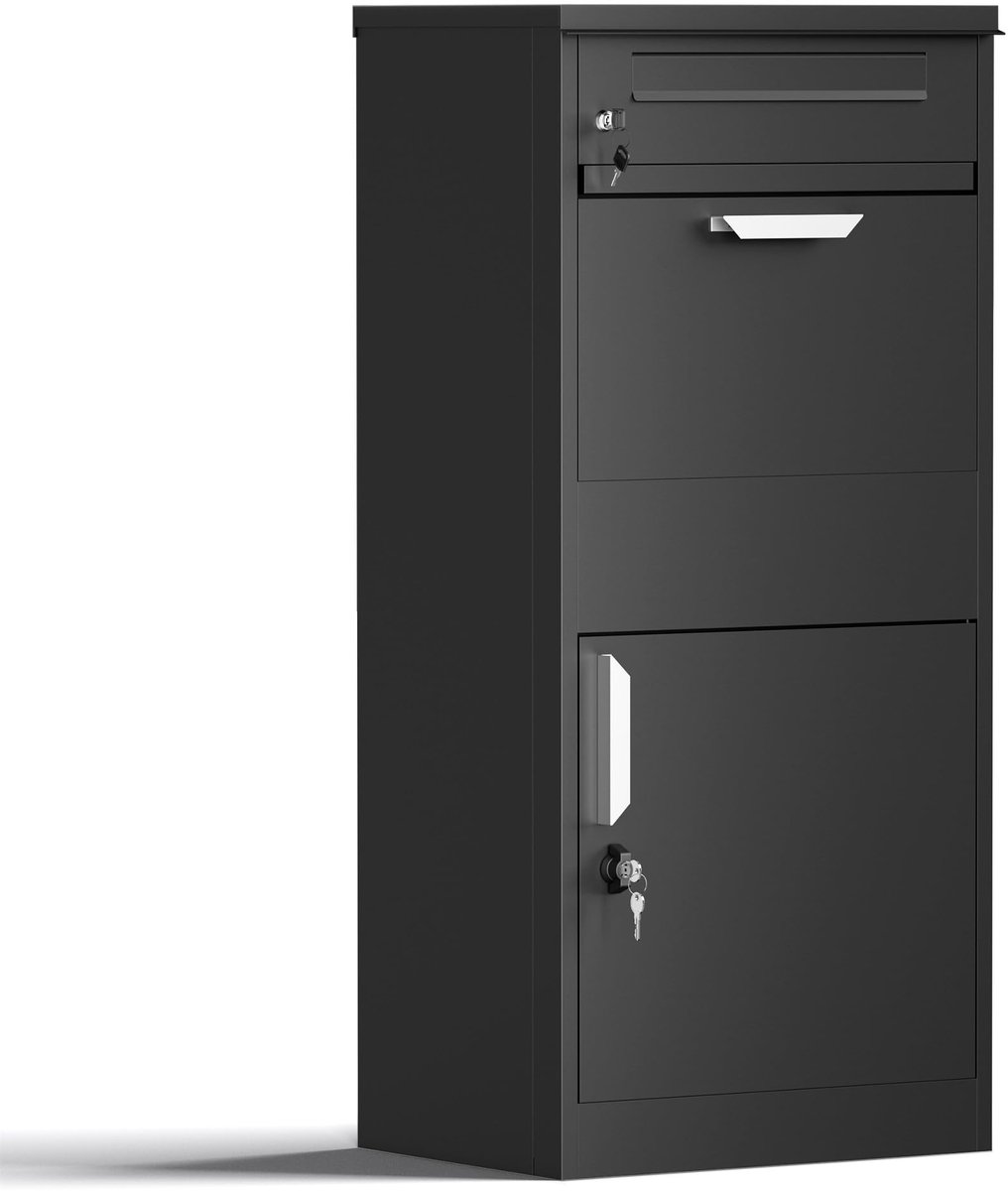 Famanu – Pakketbrievenbus in zwart, staande brievenbus voor pakketten, vrijstaand pakketbox voor grote postpakketten, 500 x 370 x 1120 mm