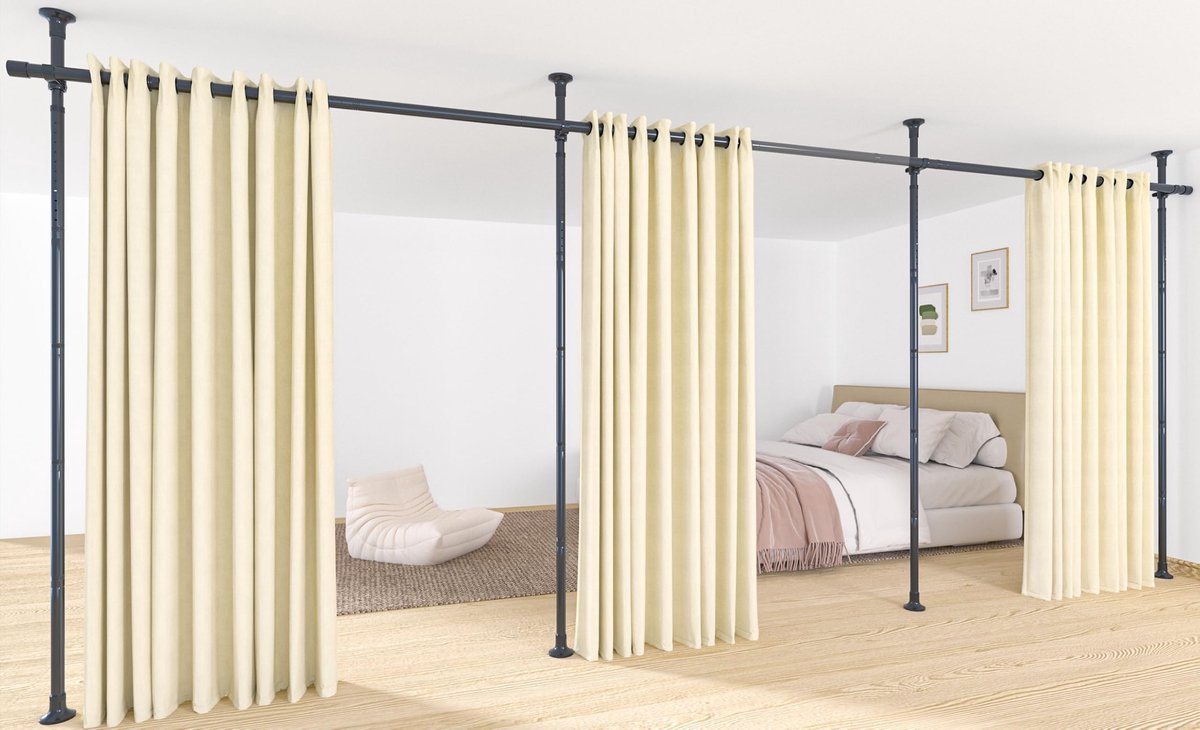 Famanu – Ruimteverdeler paraventframe, 3-delig, flexibel verstelbaar, ideaal als gordijnroede of inkijkbescherming voor woonkamer en slaapkamer