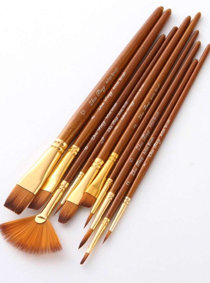 10x Schilderkwasten - Penselen - Penseel set - Schilderskwasten - Verfkwasten - Kunstenaarskwasten - Acrylverf - Olieverf - Waterverf - Artist brush set - Hout - Jonyx