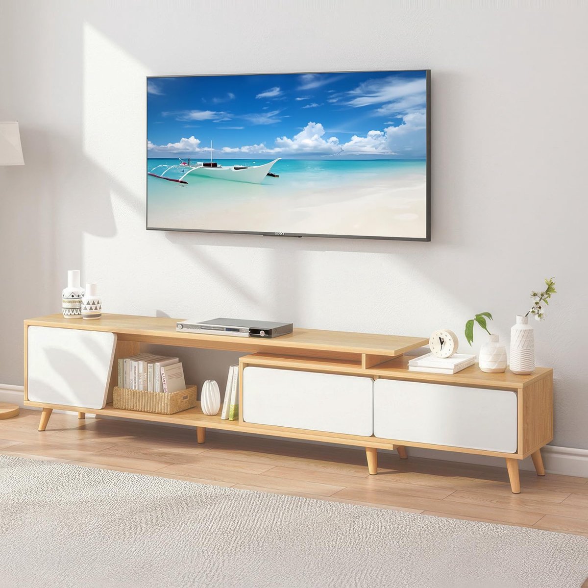 Famanu – Uittrekbare tv-kast van 140-190 cm, lowboard voor de woonkamer, modern design, ideaal voor het plaatsen van tv en multimedia-apparatuur