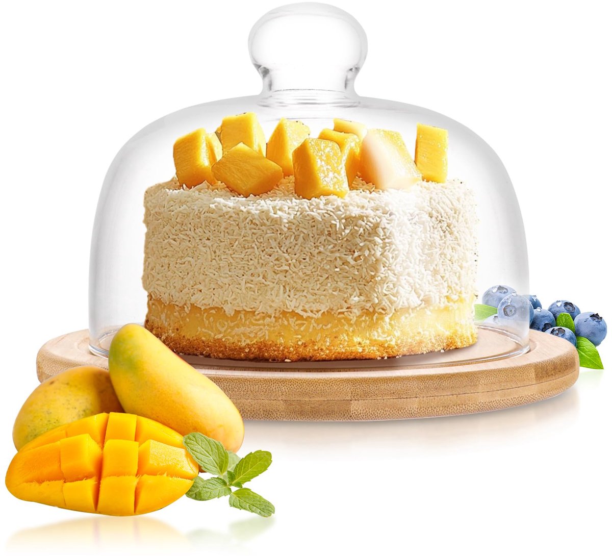 Famanu – Glazen kaasstolp met houten dienblad, 18 cm, ideaal voor het serveren van kaas, taart, dessert, fruit en brood