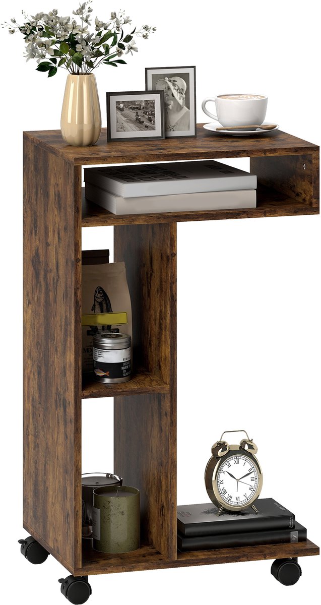 Homcom Bijzettafel op Wielen - C-vormige Banktafel - Laptoptafel - Rustiek Bruin
