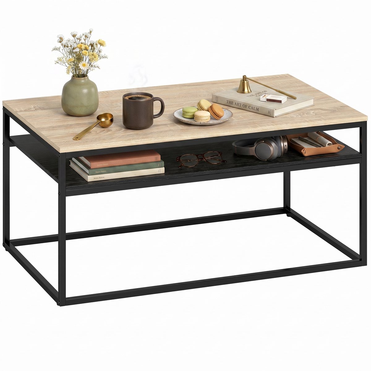 HOMCOM Coffee Table-Spanplatte, Metall-100L x 59,8B x 47H cm-Eiche