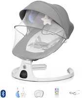 Grijze elektrische babyschommelstoel met zonnekap, speelgoed en bedieningspaneel. Inclusief accessoires.