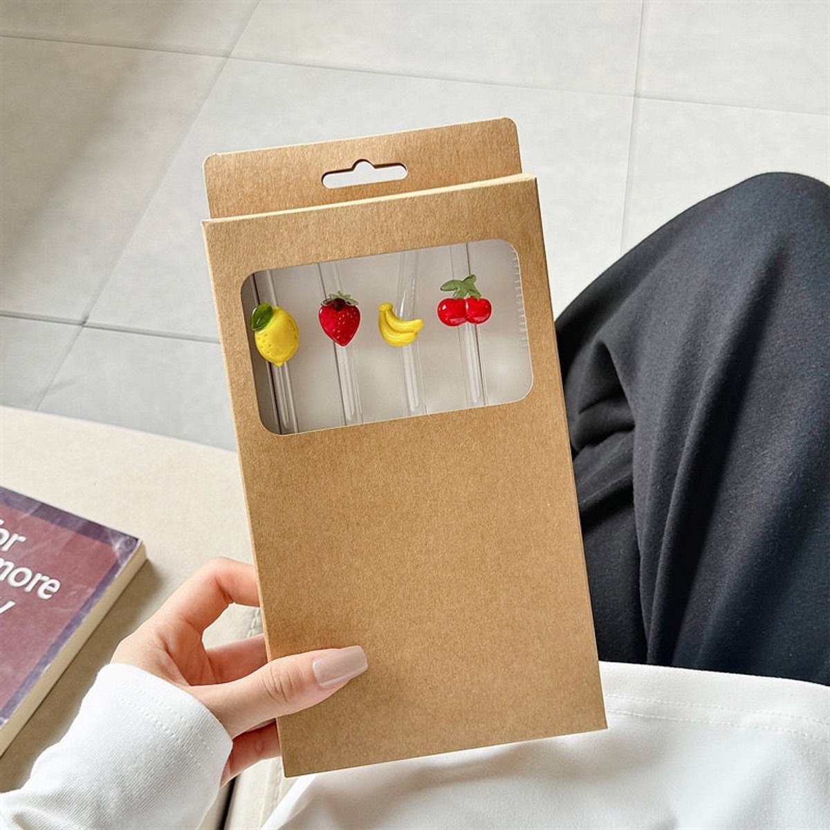Stasia Glazen Rietjes met Fruit – Set van 8 – Transparante Drinkrietjes – Fruit Design – Glazen Rietjes