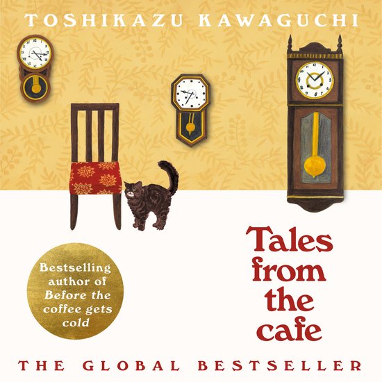 Boekcover 'Tales from the Cafe' met een bruine kat, stoel, drie klokken en gele achtergrond met patroon.