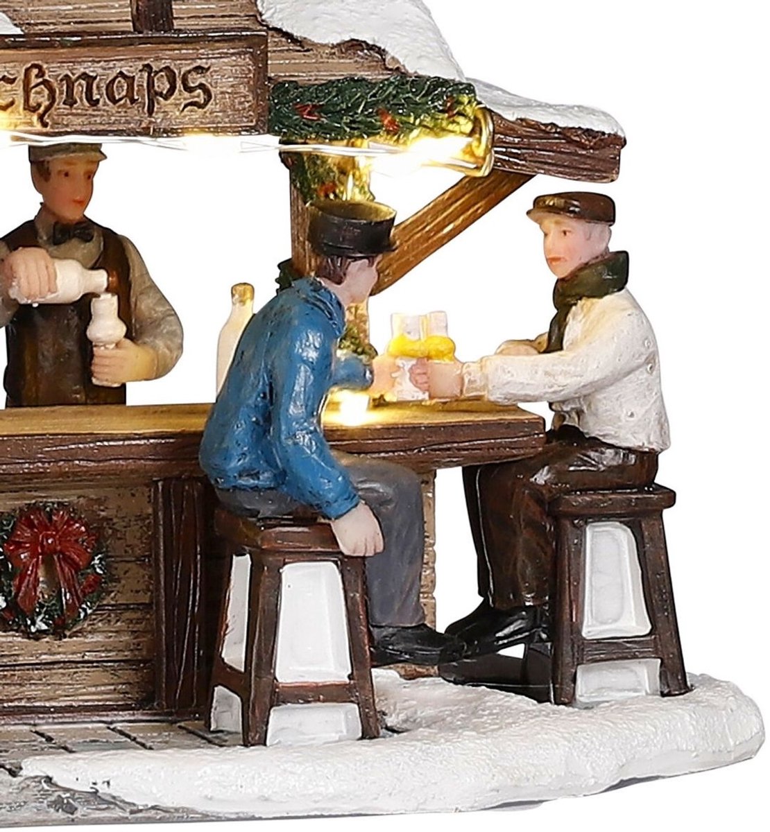 Luville Kerstdorp Miniatuur Schnaps Markt - Kerstversiering met Verlichte Schnapskraam - Guirlande voor je Kerstdorp - Kerstslingers met Proostende Figuren - L16 x B8 x H9 cm – foto 5