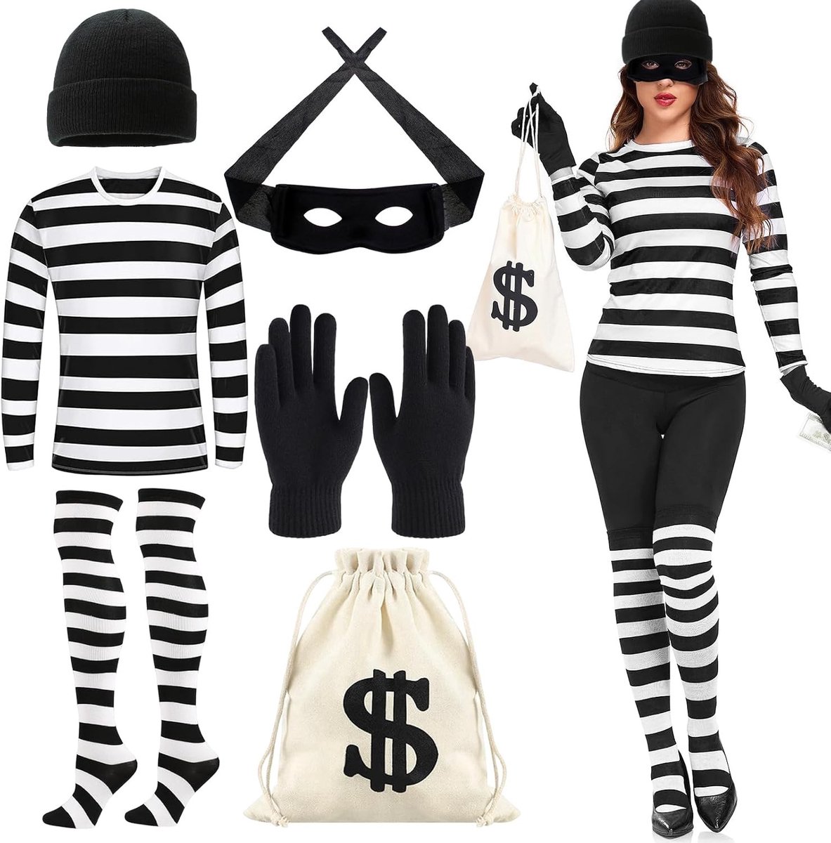 Vrouwelijk kostuum voor dieven met hoed, shirt, masker, handschoenen en tas voor carnaval en themafeesten