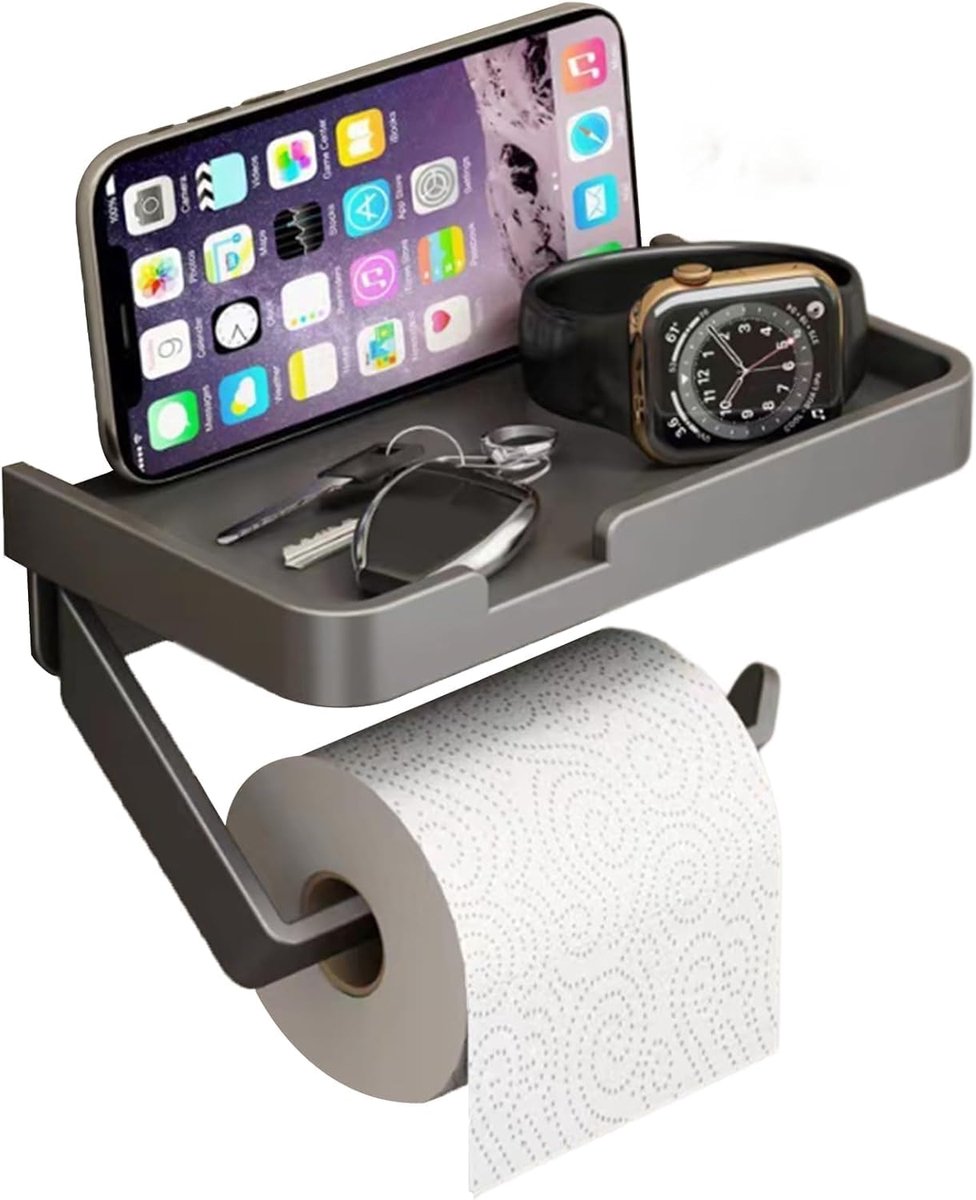 Grijs mat zelfklevend toiletrolhouder met opbergblad, multifunctionele wandpapierhouder afmeting 177×90×50 mm voor telefoon en toiletpapier, badkamer accessoire zonder boren