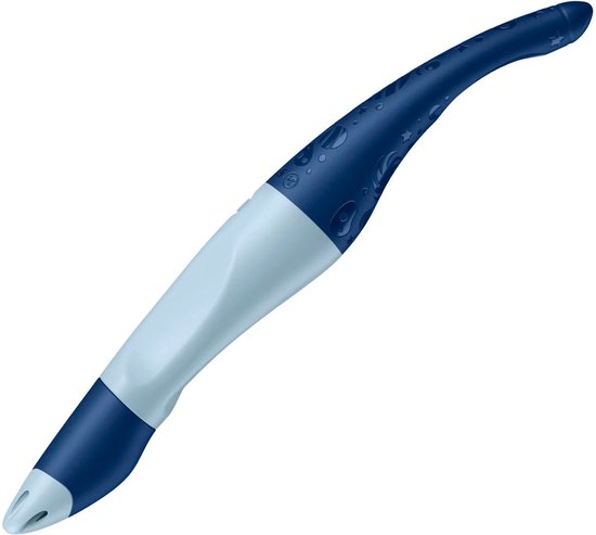 Donkerblauwe, ergonomische pen met lichte blauwe grip en druppel-/sterpatroon.