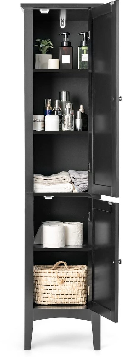 Famanu – Badkamerkast met 5 vakken, hoge smalle kast met 2 lamellendeuren, planken en kantelbeveiliging, 37 x 37 x 160 cm in zwart