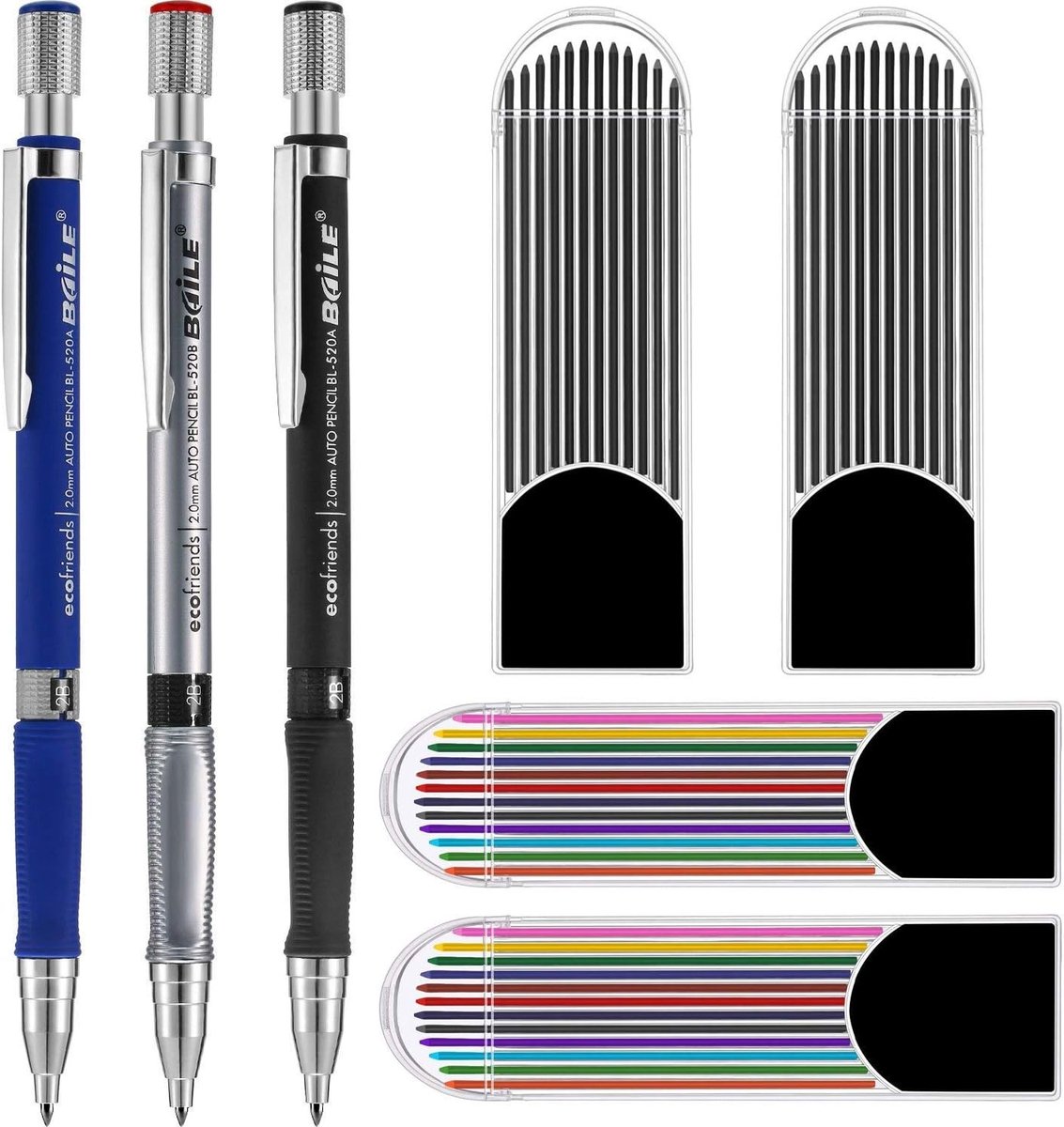 Mechanische Potloden Set - Zwart/Zilver/Blauw - 2 mm - Met Loodvullingen en Puntenslijper - Voor Schrijven en Tekenen