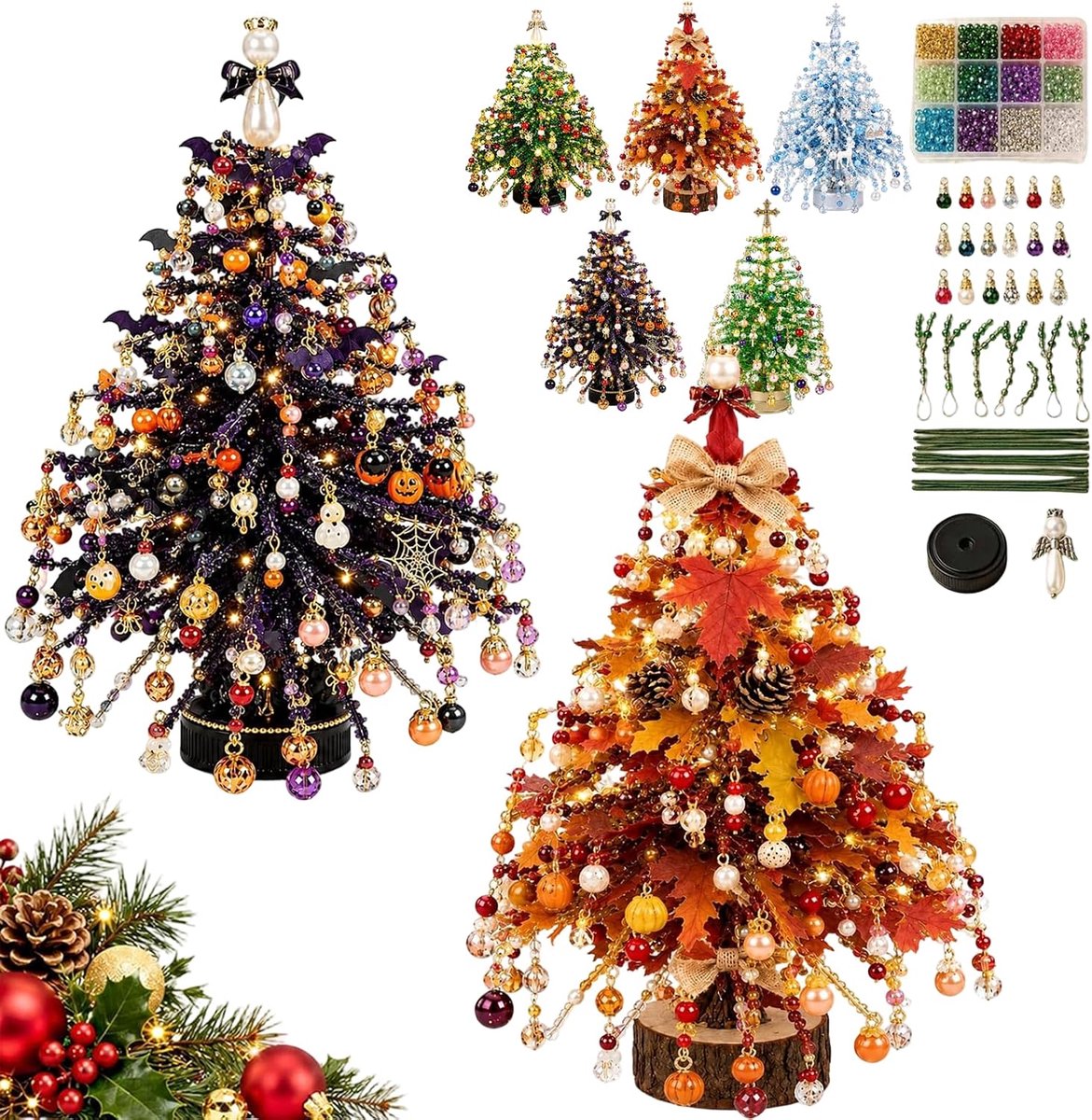 Kralen Kerstboom Knutselpakket met Ledverlichting - Set Van 2 - 3D Kristal Kralen DIY Kerstboomset - Kerstdecoratie voor Tafel - Kerst / Halloween Cadeau voor Kinderen en Volwassenen - SOLLBRY®