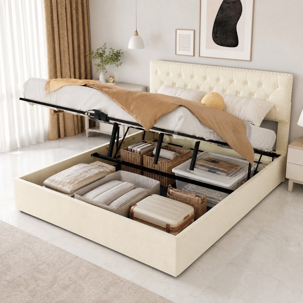 Wishdor Tweepersoonsbed 160x200 cm - Soft bed met opbergruimte en hydraulische lift - Lattenbodem en hoog hoofdbord - Modern slaapkamer - Volwassenen - Stof metaal - Beige