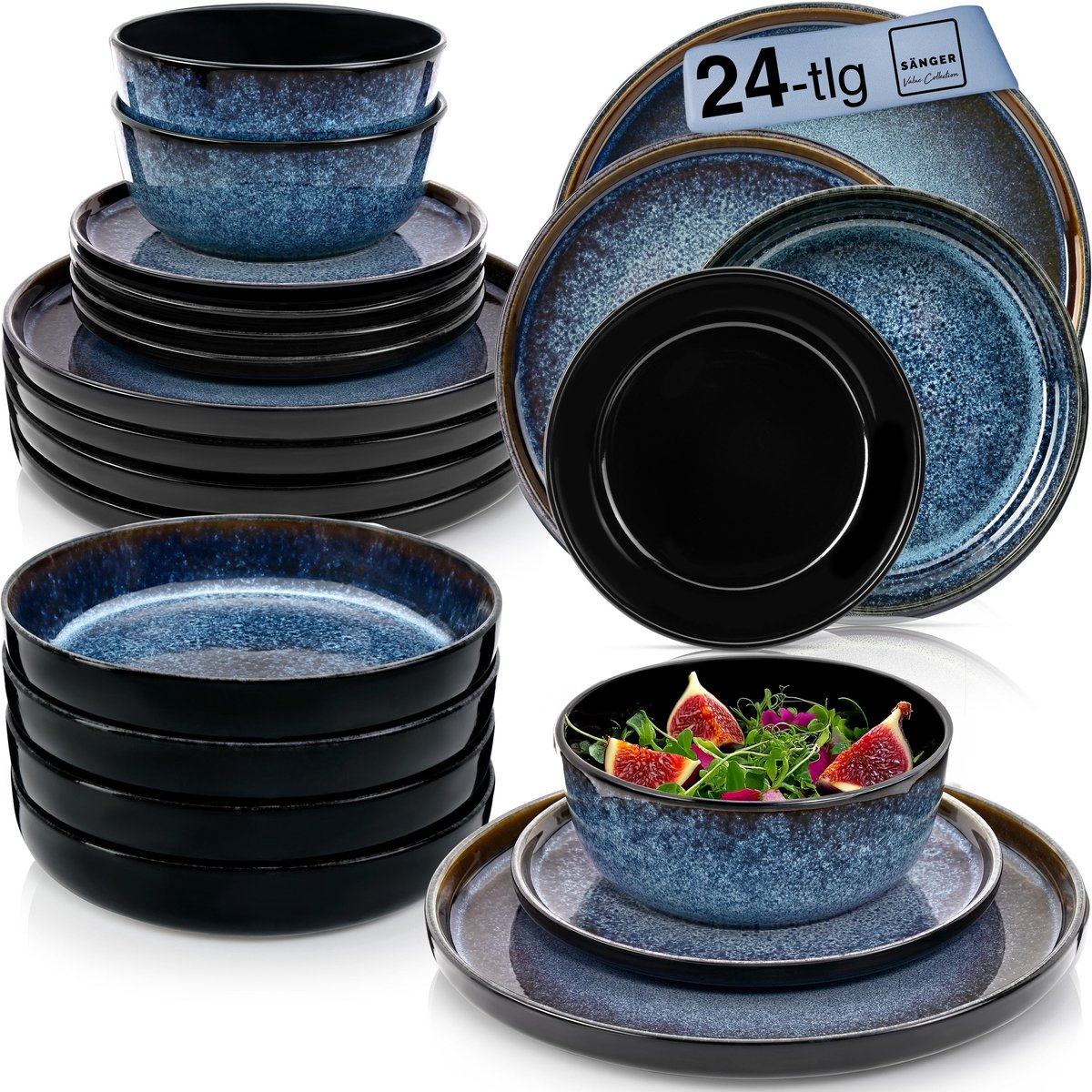 Sänger Aardewerk Serviesset - 24-delig Combinatieservies - Blauw en Zwart - Krasbestendig - Geschikt voor Vaatwasser en Magnetron