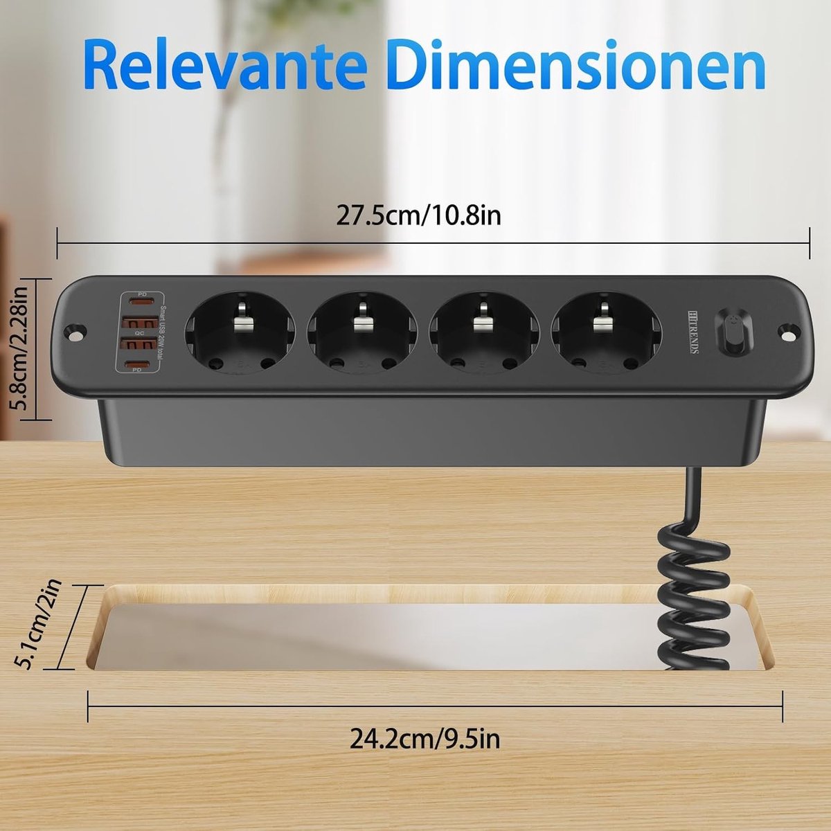 Intrekbare Stekkerdoos - Zwart - 2 m - Multifunctionele Inbouwstopcontact met USB-A en USB-C - Voor Bureaus en Keukens