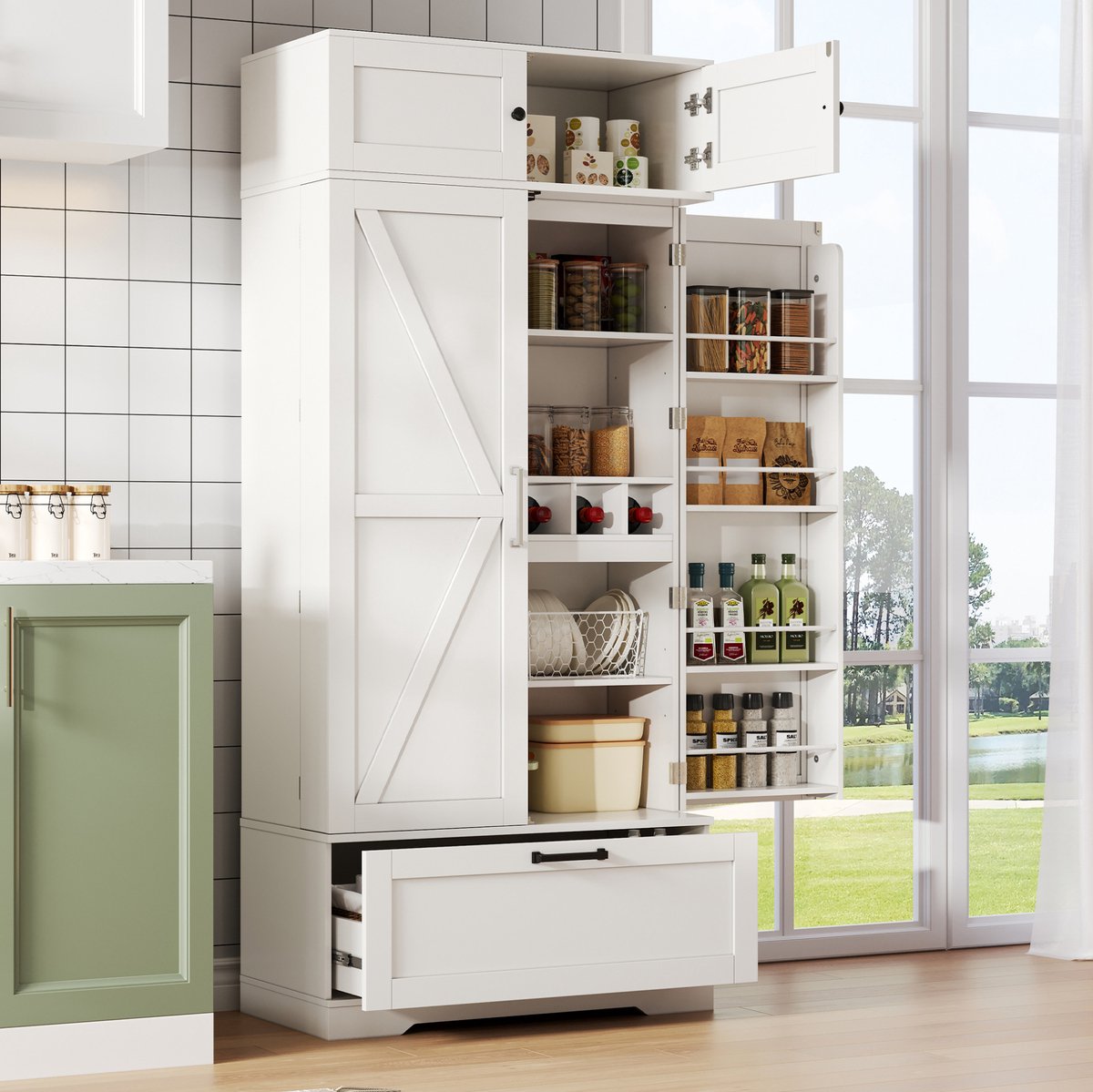 COVREO Keukenkast 80 x 40 x 180 cm - met verstelbare planken, lade, wijnrek en deuren, wit
