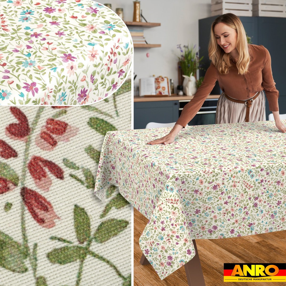ANRO Tafelkleed Iris bloemen Beige Rechte rand Afwasbaar
