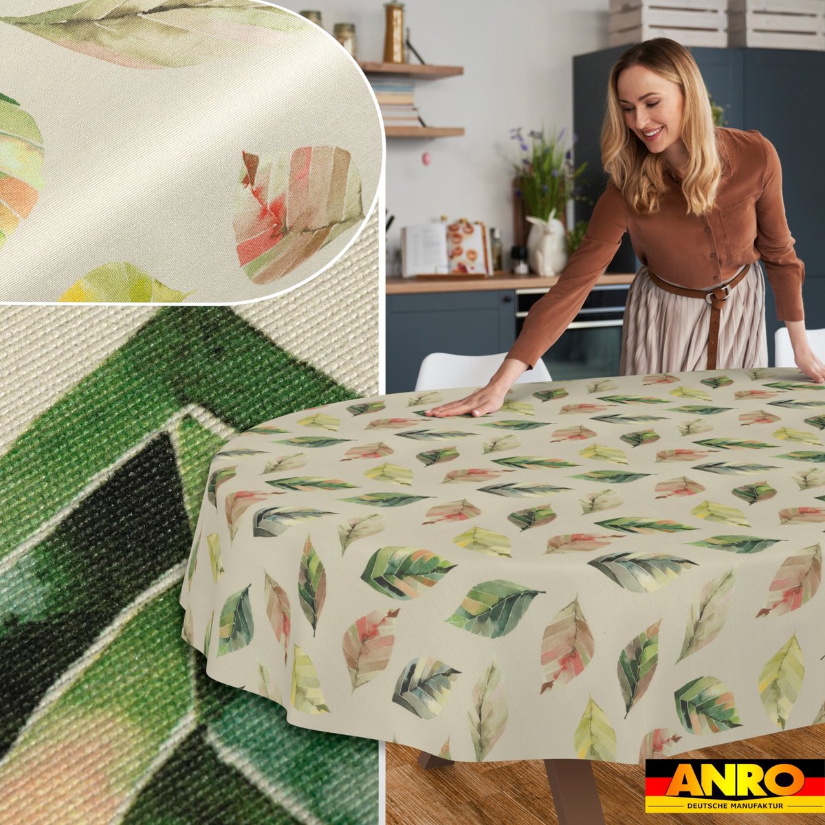 ANRO Tafelkleed Ornamenten Beige Ovaal 240x140cm Rechte rand Afwasbaar Waterafstotend