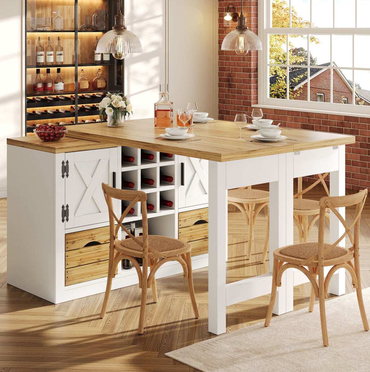 OKWISH Eettafel - Uitschuifbaar En Draaibaar Tafelblad - Keukeneiland En Sideboard Met Opbergruimte - MDF Wit - 120-197x40x72 cm