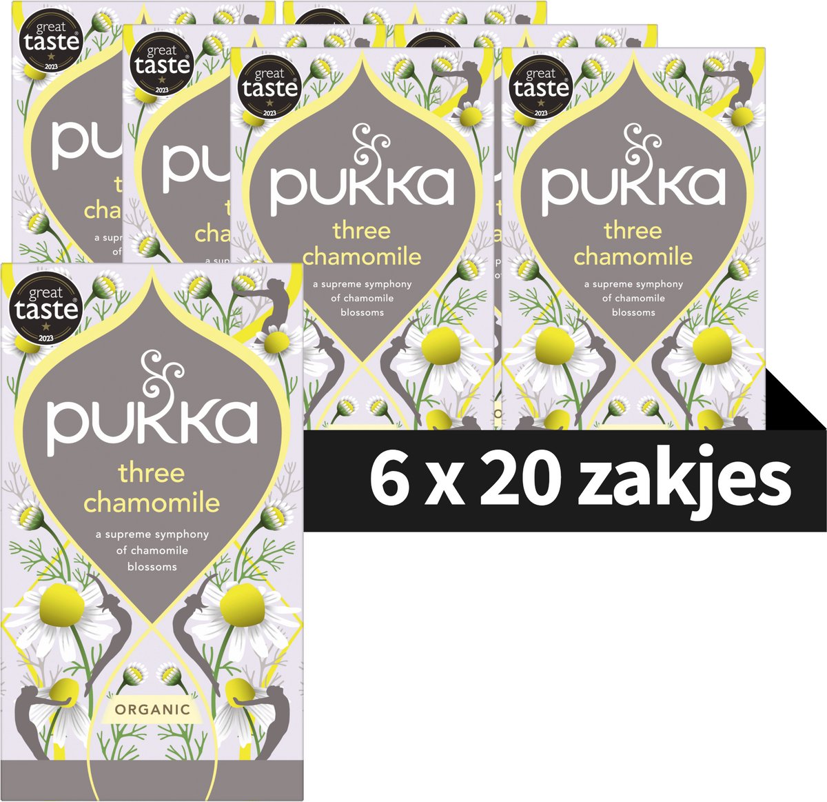 Pukka Tea Three Chamomile - 120 Theezakjes - Biologische Kruidenthee - Kamillebloem - 6 x 20 zakjes - Thee Voordeelverpakking
