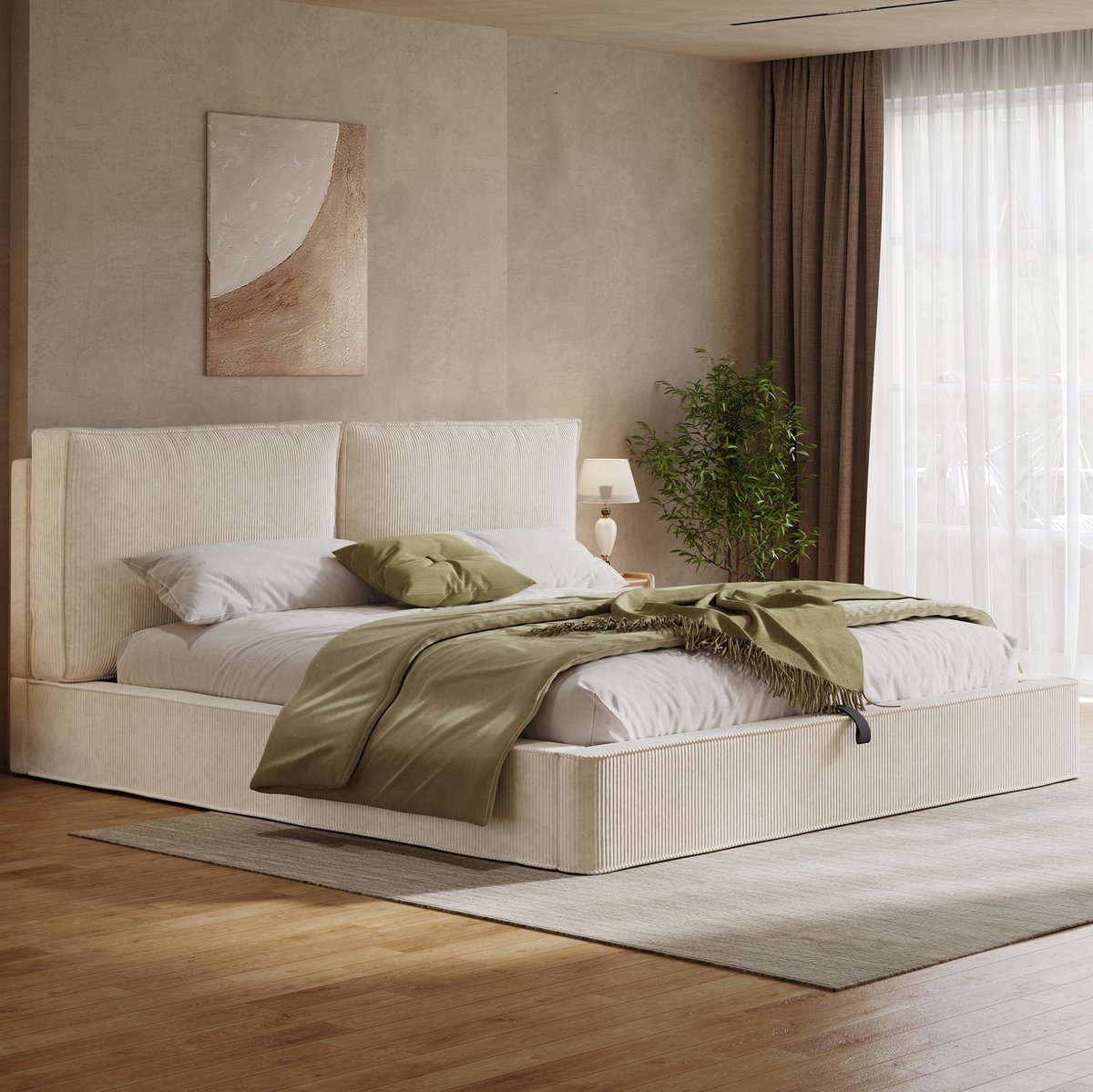 STILVORA Gestoffeerd Bed 180x200 cm – Hydraulisch Opbergbed Met Lattenbodem – Hoog Hoofdbord – Voor Volwassenen – Cordstof – Beige – Zonder Matras