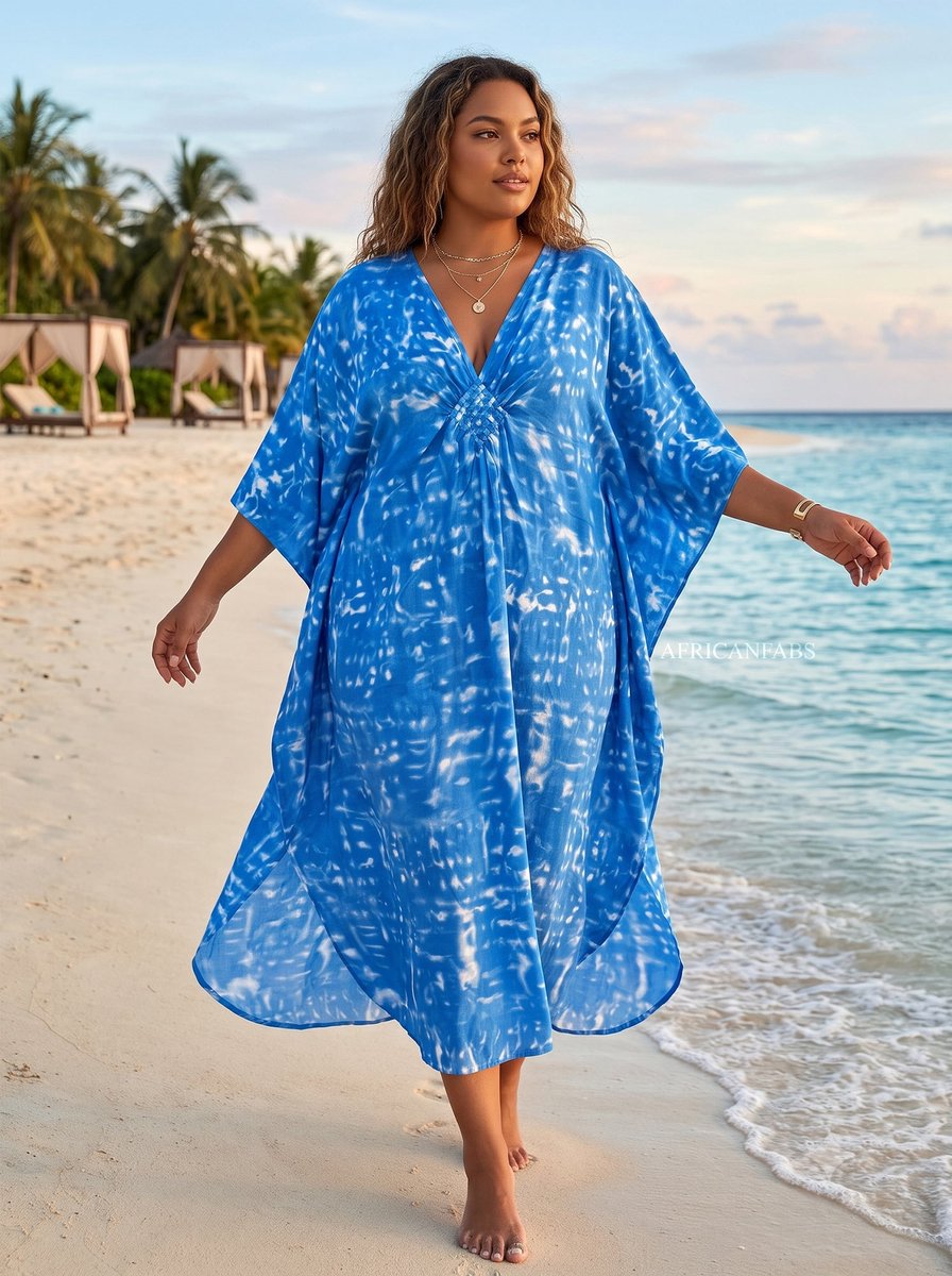 Boho rayon kaftan jurk - Blauw Ocean Mist - Strand Cover Up Caftan Maxi Jurk