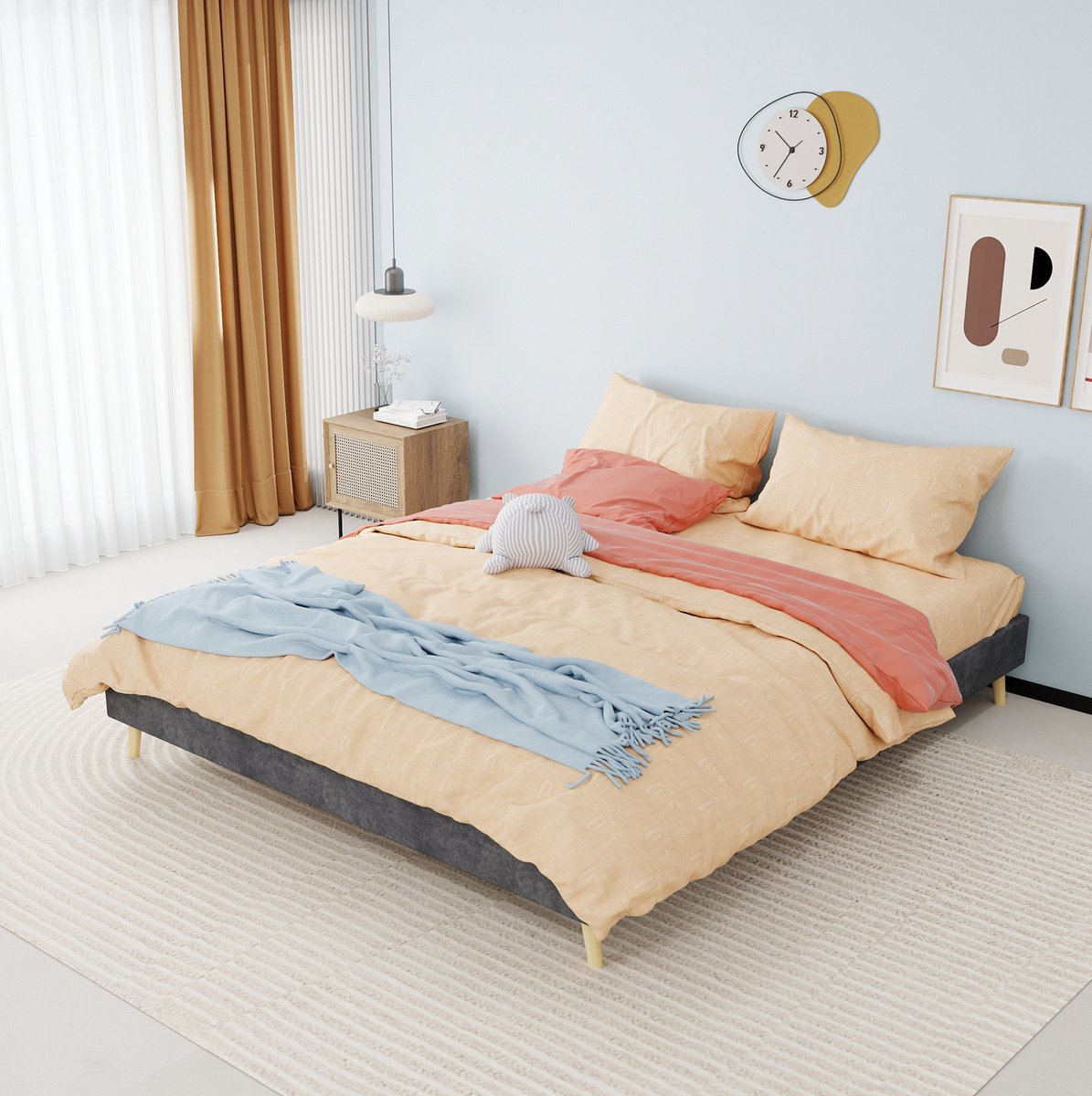 OKWISH Gestoffeerd Bed 160x200 cm - Tweepersoonsbed Met Lattenbodem en Onderbedruimte - Zonder Hoofdbord - Modern - Grijs - Zonder matras