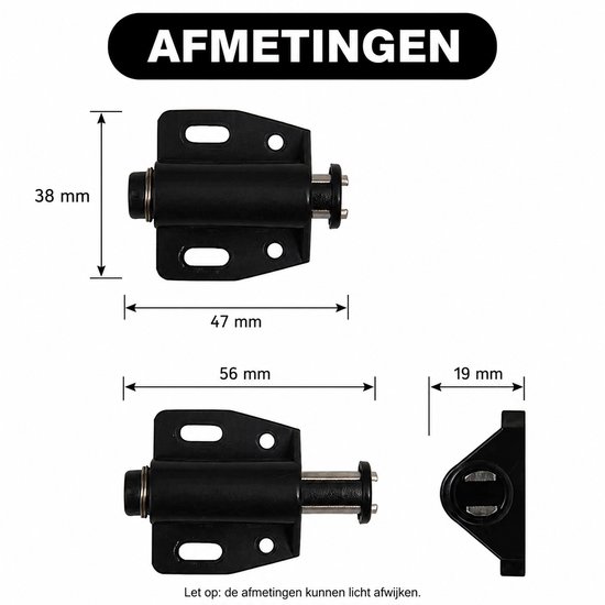 Afmetingen van zwarte kastdeur pushers: 38x47mm, 56x19mm. Let op: afmetingen kunnen afwijken.