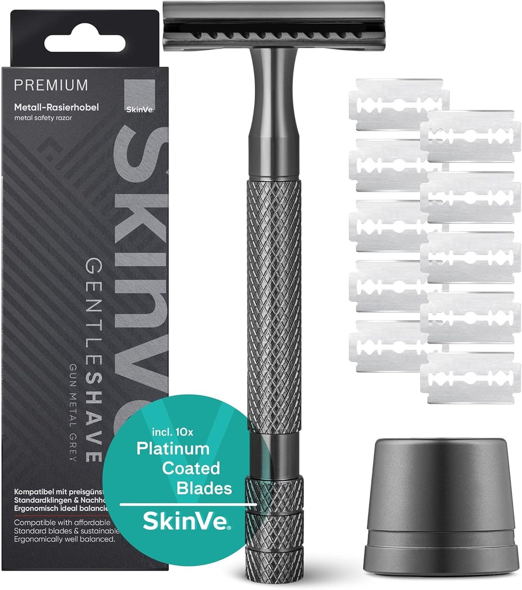 Thijox - Premium scheermes met standaard antraciet incl. 10 scheermesjes, Zero Waste nat scheermes voor dames en heren, duurzaam veiligheidsscheermes