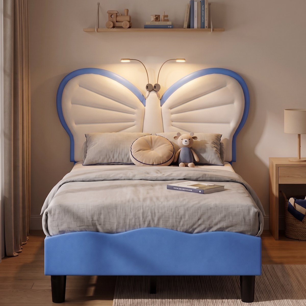Gestoffeerd Eenpersoonsbed 90x190 cm - Kinderbed met leeslamp en verstelbaar vlinder hoofd