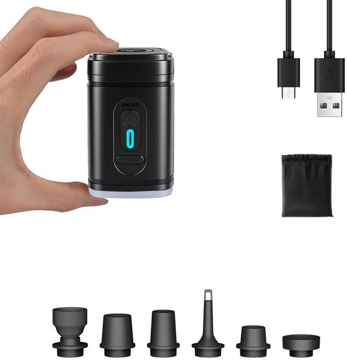 1-pack - Elektrische luchtpomp - Draadloze luchtpomp - Luchtbedpomp - Opblaas-/leeglooppomp - Inclusief 6 luchtmondstukken - 35W - Geschikt voor luchtmatrassen, luchtbedden, zwembaden en zwembanden - 2400mAh - 8,3*5cm - Zwart