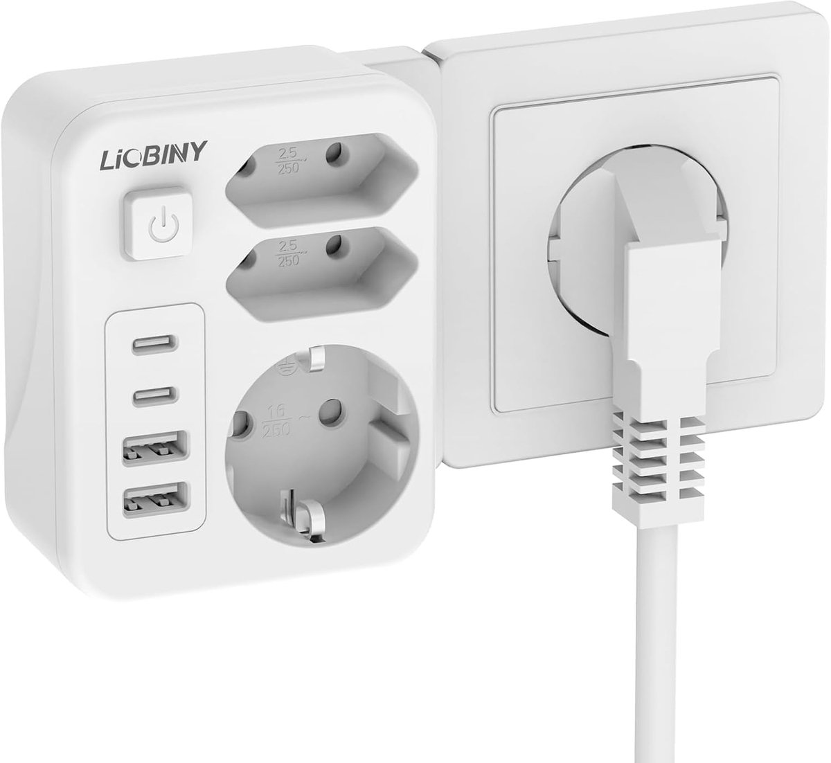 SnelShoppen - Dual Plug voor Socket met 4 USB, 7-in-1 Stekkerstrip, 3-Weg Meerdere Socket met Schakelaar, 3680 W, 16 A, Plug Adapter, USB C Stekkerdis