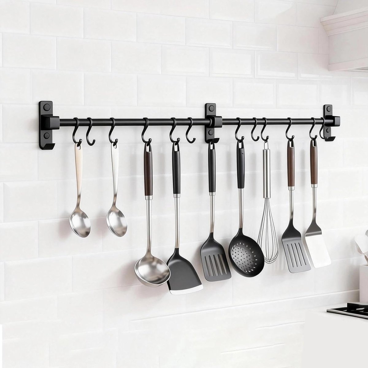 Thijox - Stang voor Keukengerei 80 cm, Zwarte Keukenrailing met 12 Beweegbare Haken, Aluminium Haaklijst voor Snijplanken, Lepels en Scharen