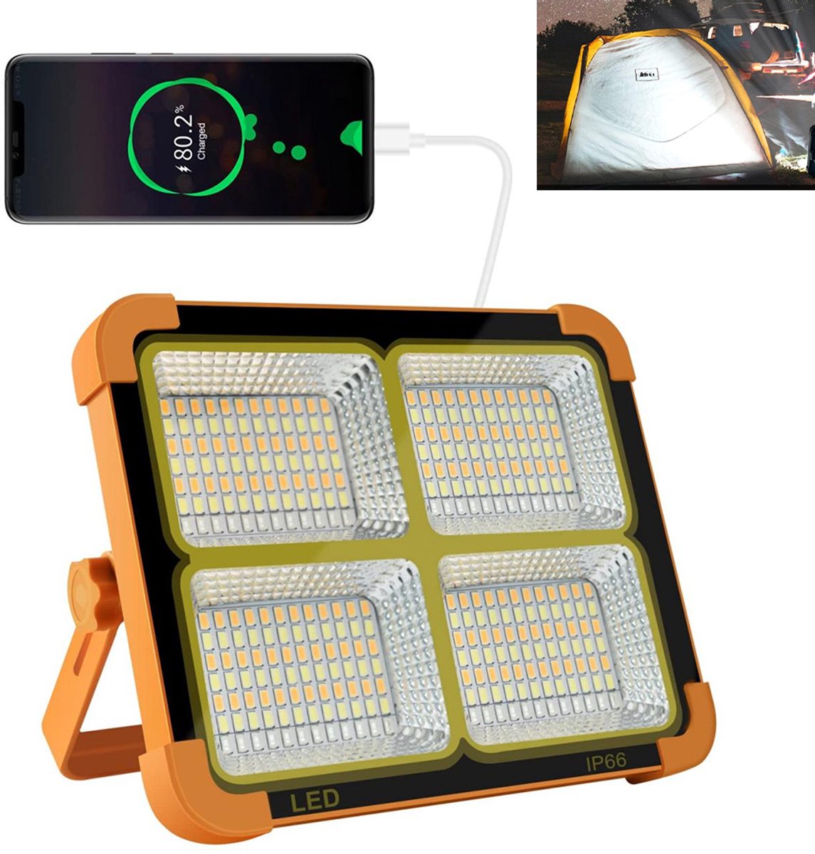 336 LED-lampen architecturale verlichting - 18000mAh powerbank – oplaadbaar - op zonne-energie - draagbaar - geschikt voor bouwplaatsen, garages, vissen en noodgevallen - magnetische bevestiging met vijf standen - kan mobiele telefoons opladen