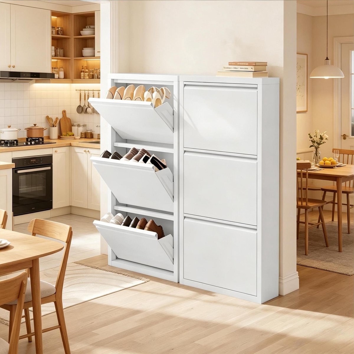 OKWISH Schoenenkast – Smal Wandmodel Met 3 Kleppen – 50 x 106 x 15 cm – Voor Hal En Entree – Metaal Wit – Opbergruimte Voor 9 Paar