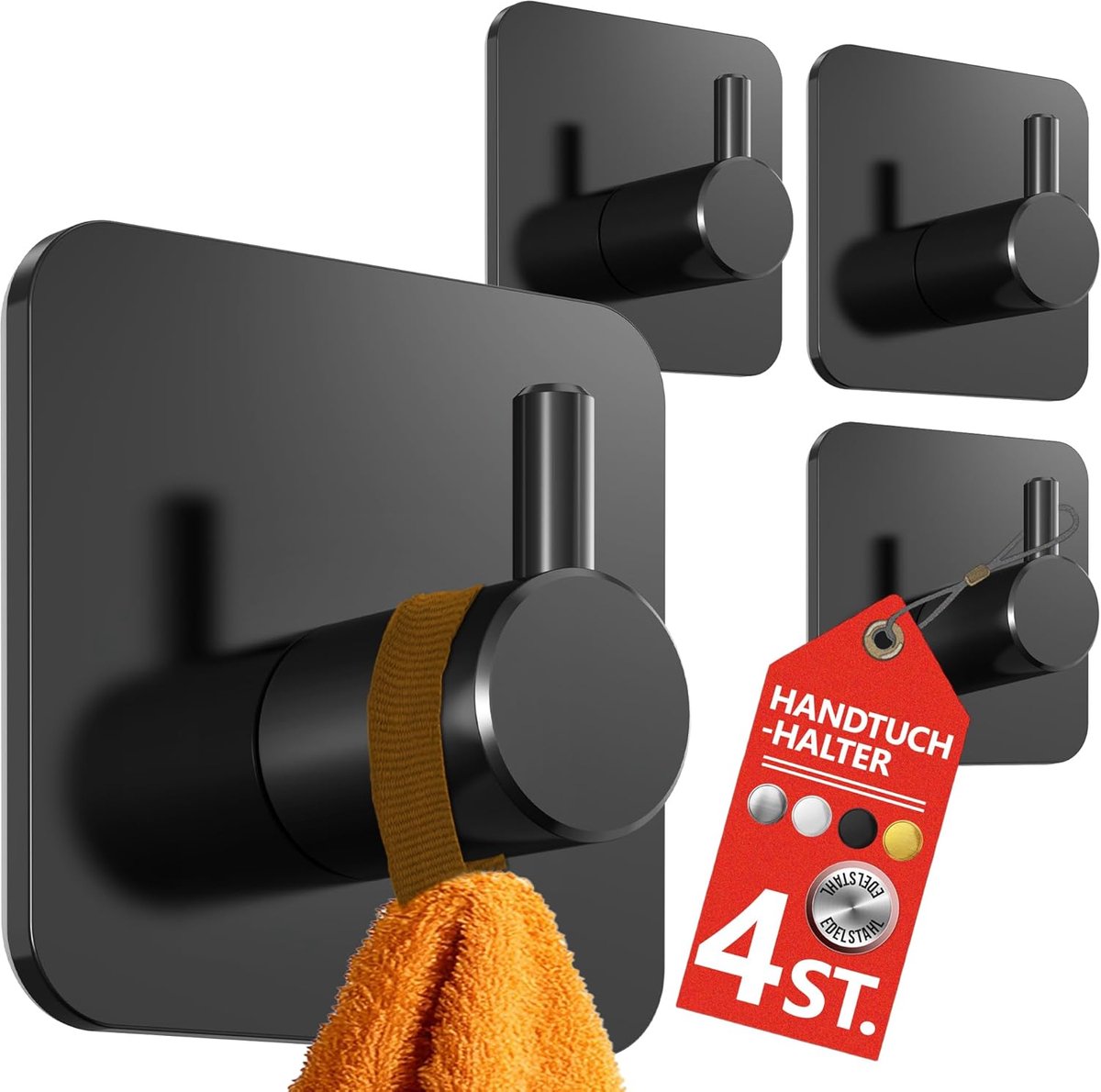 Thijox - Handdoekhouder zonder boren, set van 4 zelfklevende roestvrijstalen handdoekhaken, zwart, watervast, ideale badkamerhanddoekhouder voor extra