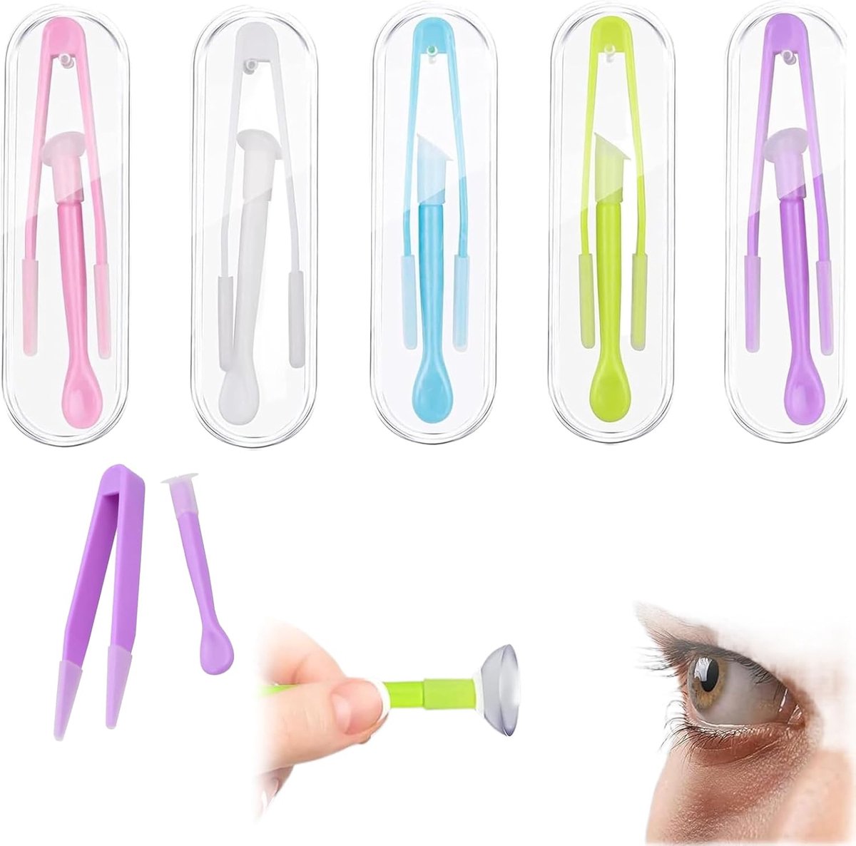 Thijox - 5 Stuks Contactlenzen Hulpmiddel voor Plaatsen en Verwijderen, Pincet voor Zachte Lenzen, Plastic, Kleuren: Paars, Blauw, Roze, Wit, Groen, 7