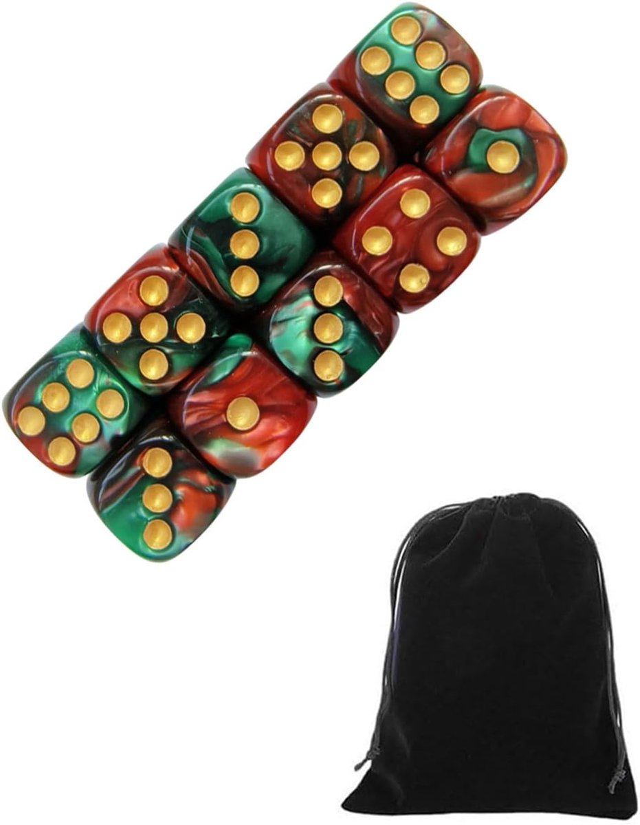 Thijox - 10 stuks D6 dobbelstenen 16 mm in rood-groen met fluwelen zakje - ideaal voor Yahtzee, bordspellen, tabletopspellen en wiskundelessen