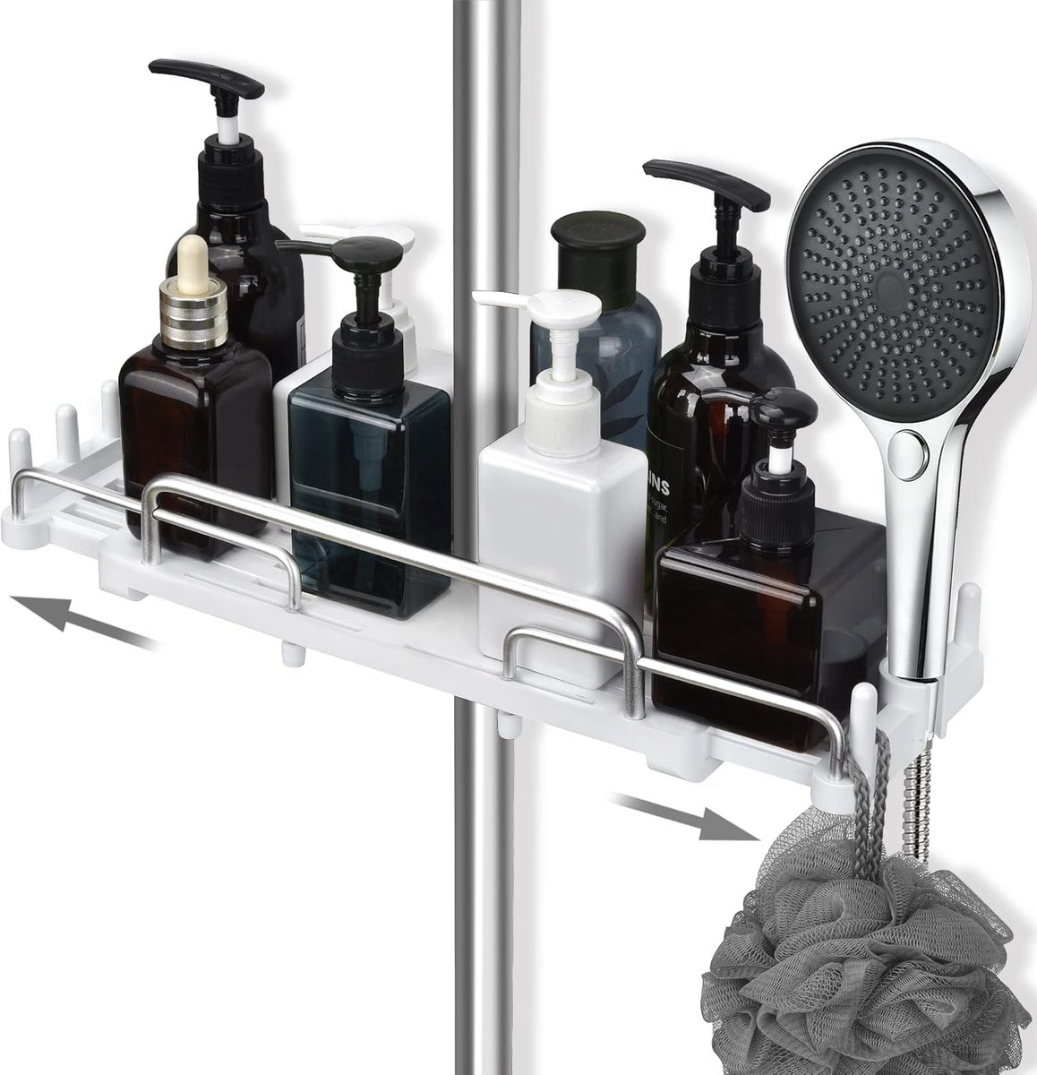 Thijox - Duschablage zonder boren, telescopisch 32-48cm, badkamer organizer, doucheplank voor douchestang 18-25mm, opbergrek, wit, snap-joint design