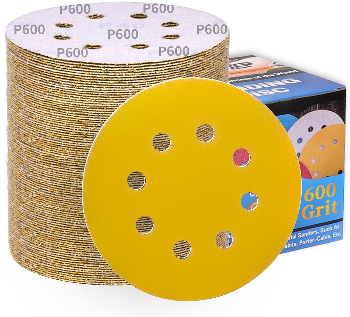 SnelShoppen - 100 Stuks Schuurdiscs 125mm Korrel 600 Schuurpapier Rond 8 Gaten Goud Geel Schuurpads voor Excentrische Schuurmachine