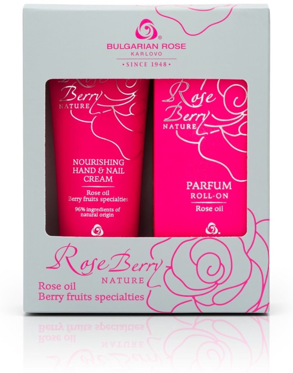 Rose Berry Nature Gift set | Compacte cadeauset met een heerlijke parfum roll-on en een voedende hand/nagelcrème met 100% natuurlijke Bulgaarse rozenolie